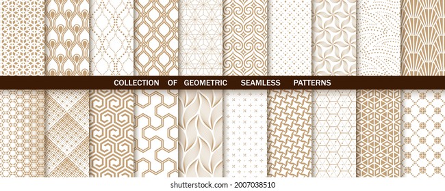 Geometric set of seamless gold and white patterns. Simple vector graphics