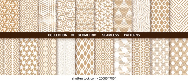 Conjunto geométrico de patrones blancos y dorados sin costura. Gráficos vectoriales simples