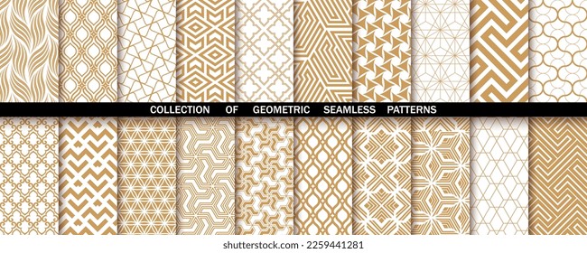 Geometric set of seamless gold and white patterns. Simpless vector graphics