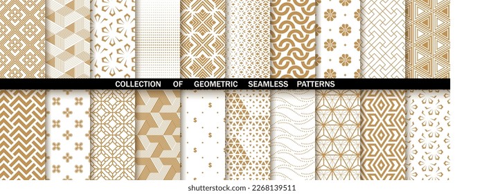 Geometric set of seamless gold and white patterns. Simpless vector graphics