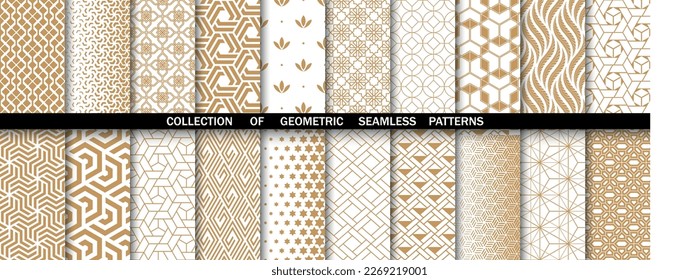 Geometric set of seamless gold and white patterns. Simpless vector graphics
