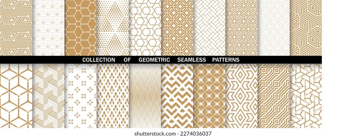 Geometric set of seamless gold and white patterns. Simpless vector graphics