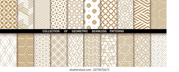 Conjunto geométrico de patrones blancos y dorados sin costura. Gráficos vectoriales simples