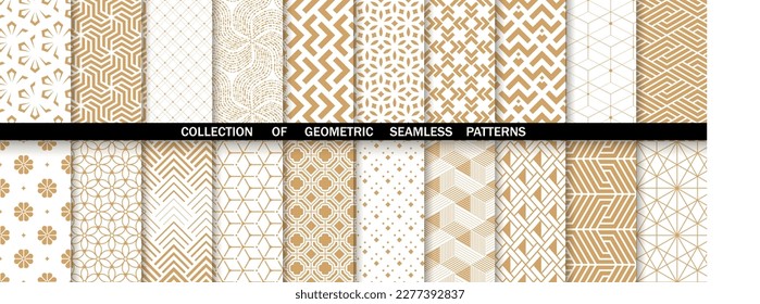 Geometric set of seamless gold and white patterns. Simpless vector graphics