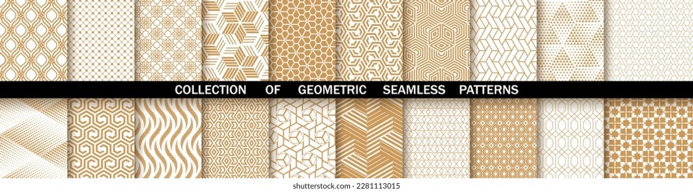 Conjunto geométrico de patrones blancos y dorados sin costura. Gráficos vectoriales simples