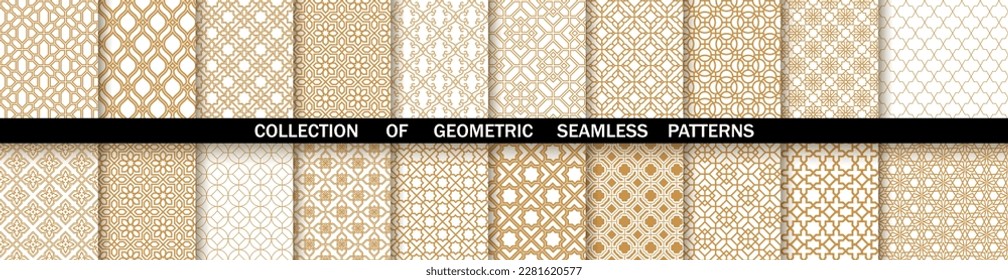 Geometric set of seamless gold and white patterns. Simpless vector graphics