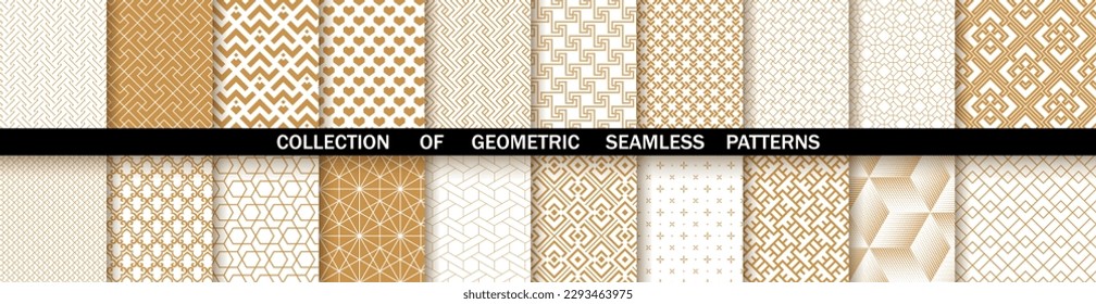 Conjunto geométrico de patrones blancos y dorados sin costura. Gráficos vectoriales simples