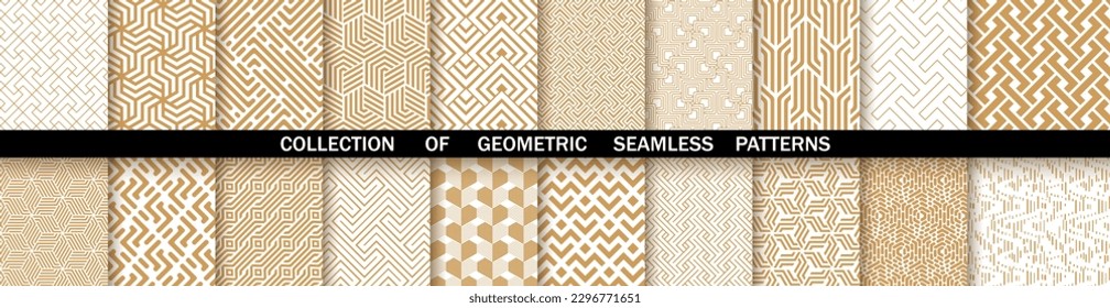 Geometric set of seamless gold and white patterns. Simpless vector graphics