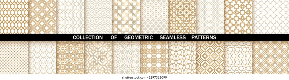 Geometric set of seamless gold and white patterns. Simpless vector graphics