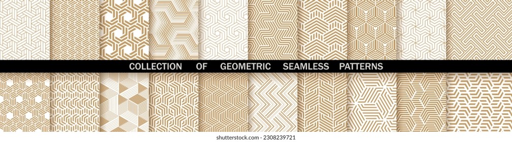Geometric set of seamless gold and white patterns. Simpless vector graphics
