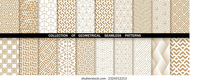 Conjunto geométrico de patrones blancos y dorados sin costura. Gráficos vectoriales simples
