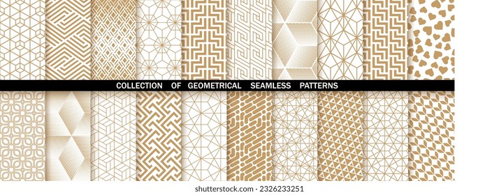 Geometric set of seamless gold and white patterns. Simpless vector graphics