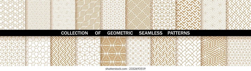 Conjunto geométrico de patrones blancos y dorados sin costura. Gráficos vectoriales simples