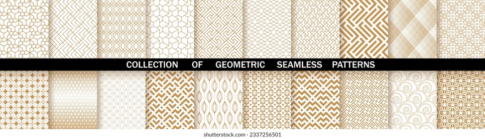 Conjunto geométrico de patrones blancos y dorados sin costura. Gráficos vectoriales simples