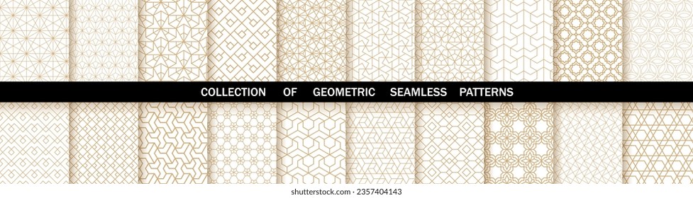 Geometric set of seamless gold and white patterns. Simpless vector graphics