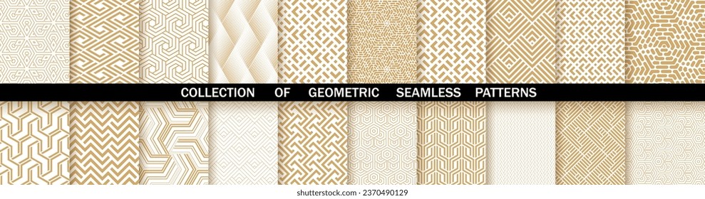 Conjunto geométrico de patrones blancos y dorados sin costura. Gráficos vectoriales simples