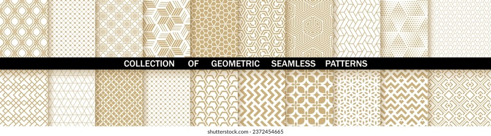 Geometric set of seamless gold and white patterns. Simple vector graphics