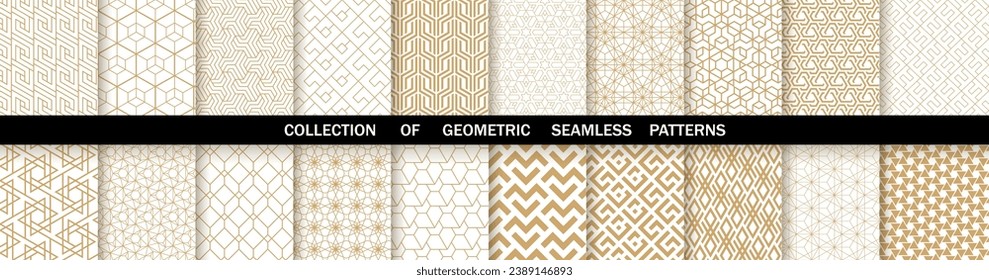 Conjunto geométrico de patrones blancos y dorados sin costura. Gráficos vectoriales simples