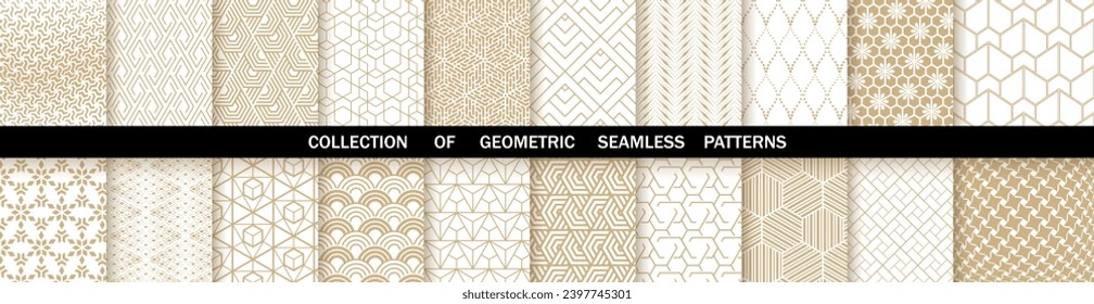 Geometric set of seamless gold and white patterns. Simple vector graphics