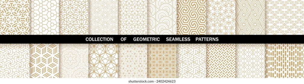 Geometric set of seamless gold and white patterns. Simple vector graphics