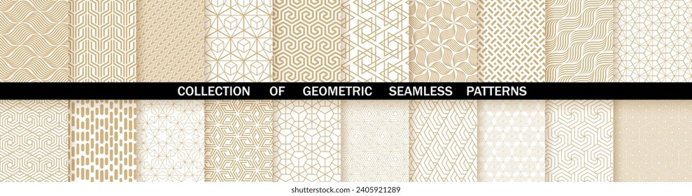 Geometric set of seamless gold and white patterns. Simple vector graphics