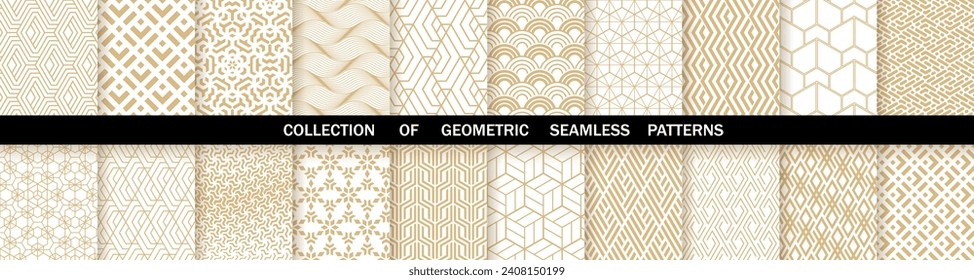 Geometric set of seamless gold and white patterns. Simple vector graphics