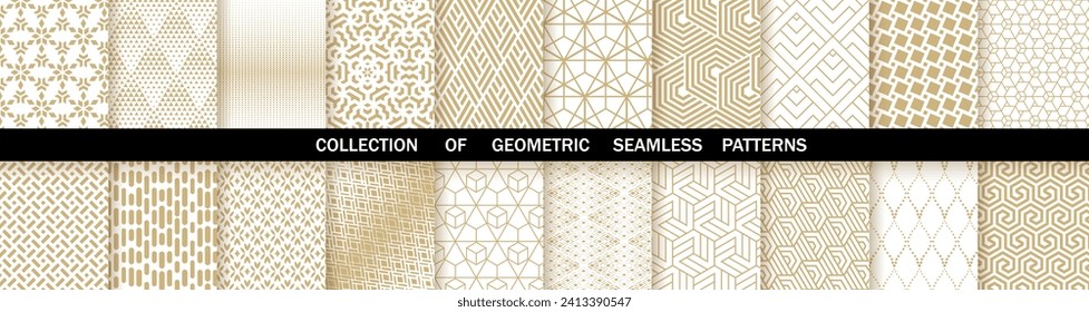 Geometric set of seamless gold and white patterns. Simple vector graphics