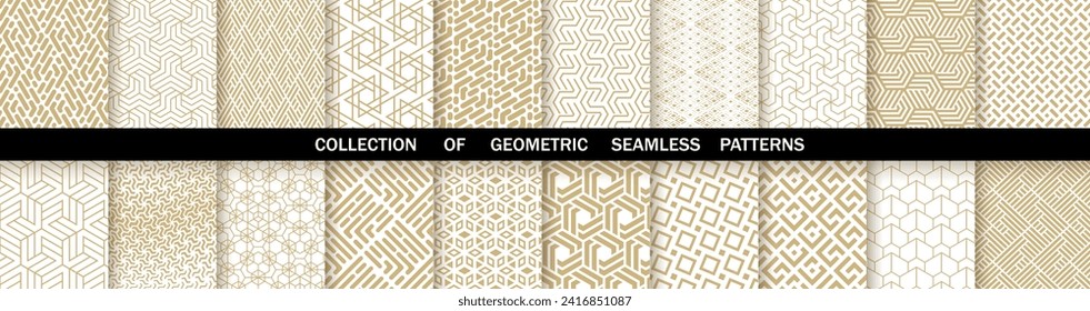 Geometric set of seamless gold and white patterns. Simple vector graphics