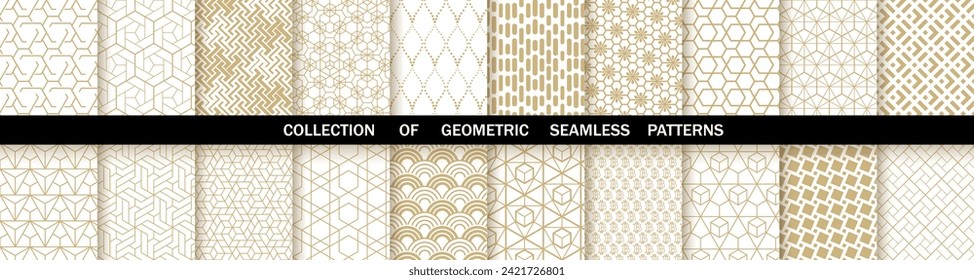 Geometric set of seamless gold and white patterns. Simple vector graphics