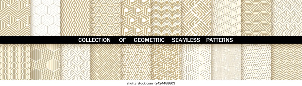 Geometric set of seamless gold and white patterns. Simple vector graphics