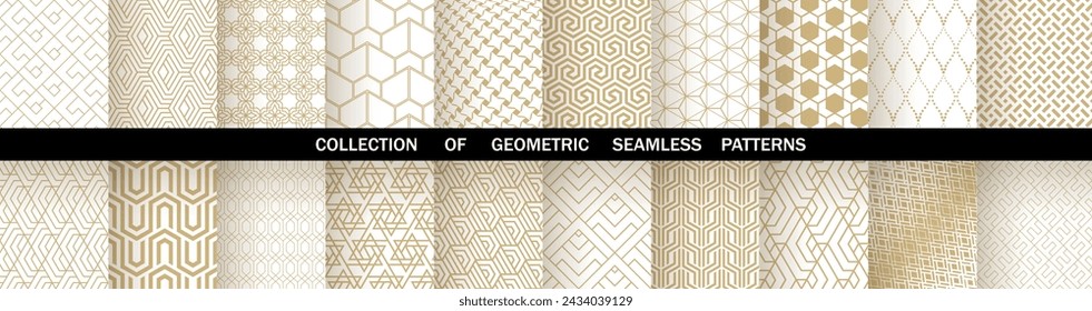 Geometric set of seamless gold and white patterns. Simple vector graphics