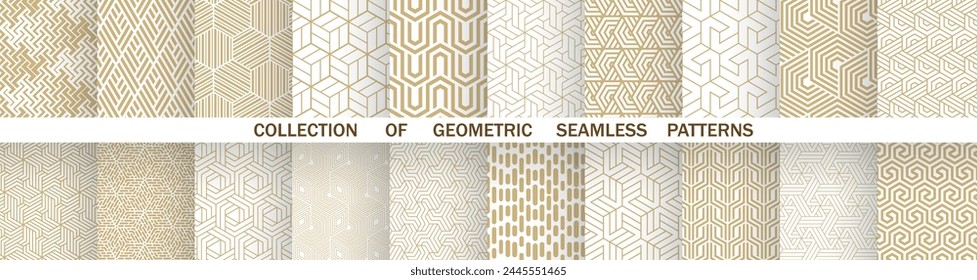 Geometric set of seamless gold and white patterns. Simple vector graphics