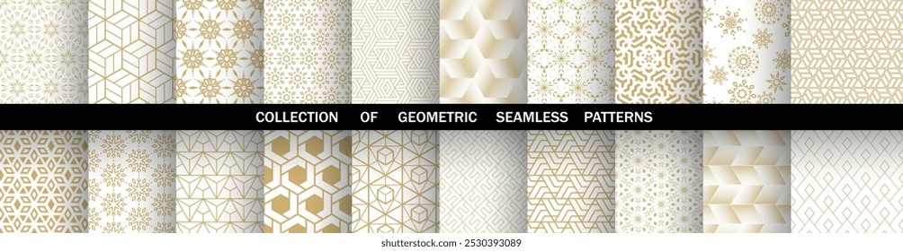 Conjunto geométrico de patrones dorados y blancos sin costuras. Gráficos de Vector simples