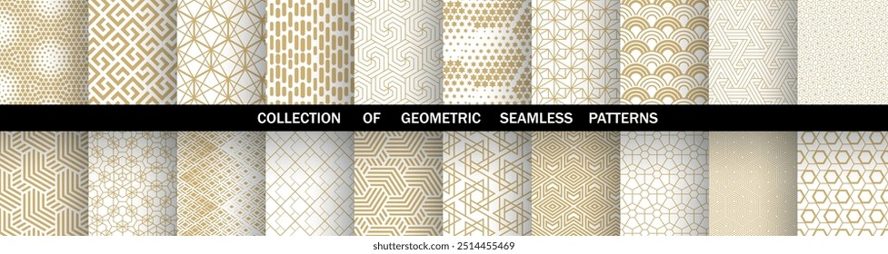 Geometric set of seamless golden and white patterns. Simple vector graphics