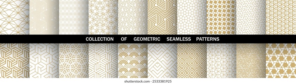 Geometric set of seamless golden and white patterns. Simple vector graphics