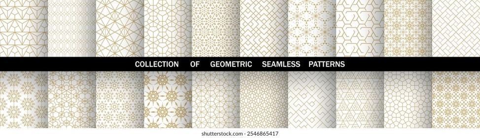 Geometric set of seamless golden and white patterns. Simple vector graphics