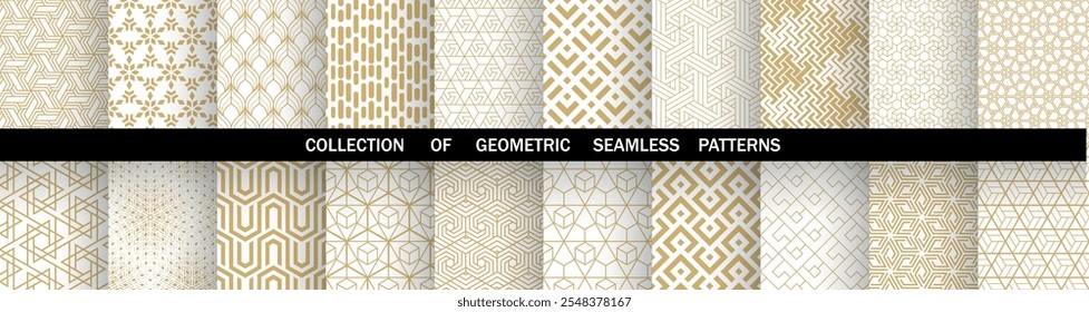 Geometric set of seamless golden and white patterns. Simple vector graphics