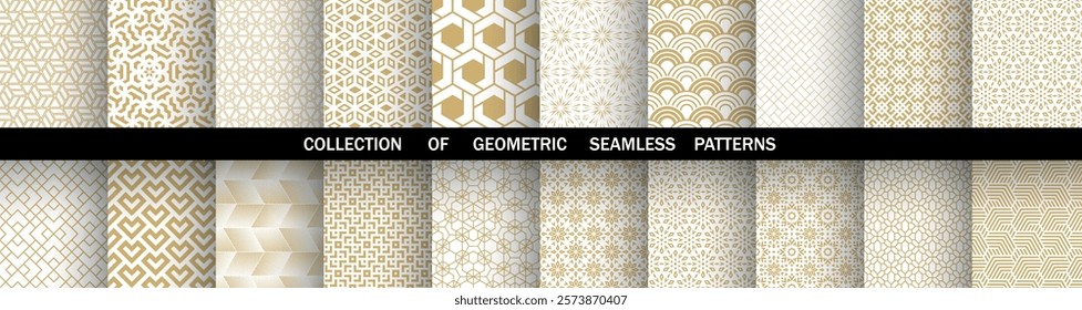 Geometric set of seamless golden and white patterns. Simple vector graphics