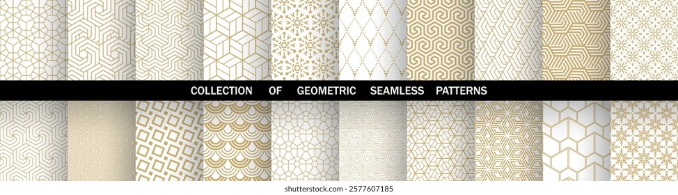 Geometric set of seamless golden and white patterns. Simple vector graphics