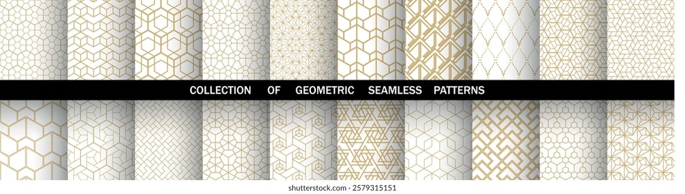 Geometric set of seamless golden and white patterns. Simple vector graphics