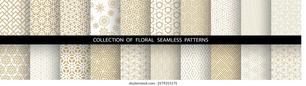 Geometric set of seamless golden and white patterns. Simple vector graphics