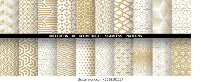 Geometric set of seamless golden and white patterns. Simple vector graphics