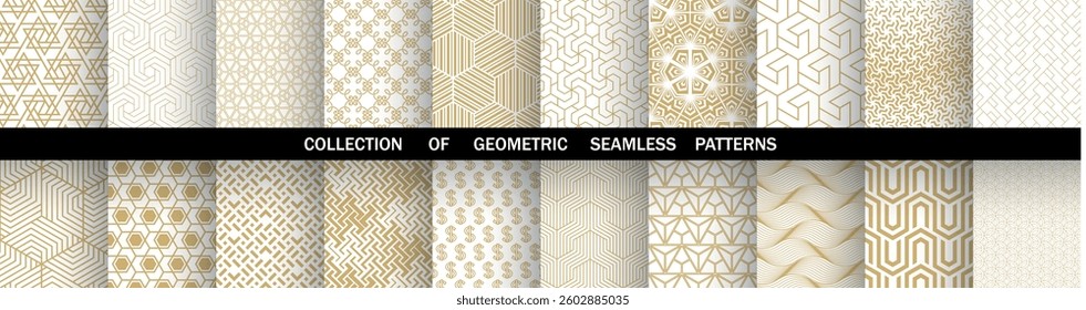 Geometric set of seamless golden and white patterns. Simple vector graphics