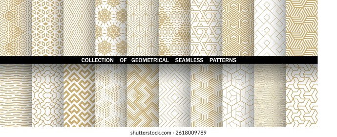 Geometric set of seamless golden and white patterns. Simple vector graphics