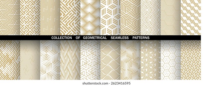 Geometric set of seamless golden and white patterns. Simple vector graphics