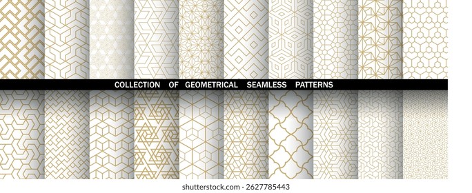 Geometric set of seamless golden and white patterns. Simple vector graphics