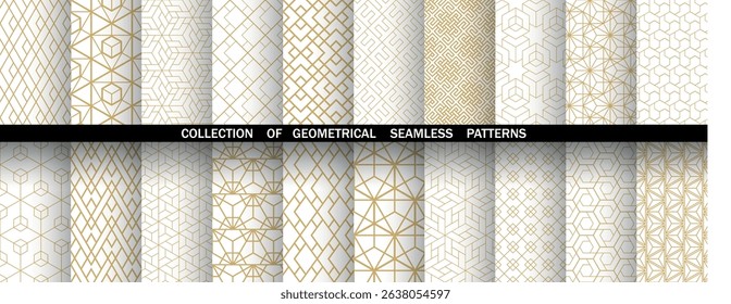 Geometric set of seamless golden and white patterns. Simple vector graphics