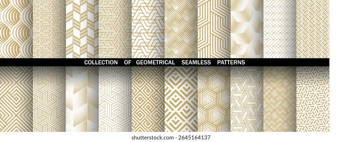 Conjunto geométrico de patrones dorados y blancos sin costuras. Gráficos de Vector simples