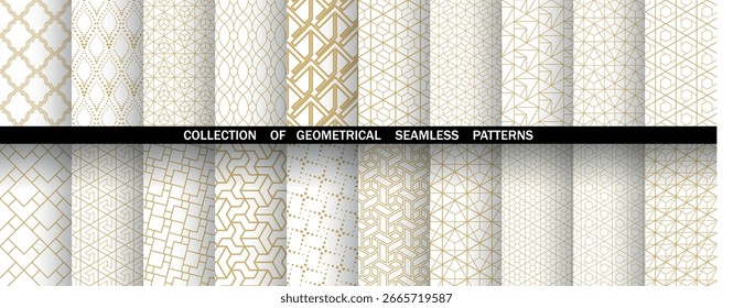 Conjunto geométrico de patrones dorados y blancos sin costuras. Gráficos de Vector simples