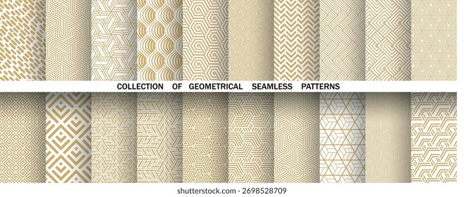 Geometric set of seamless golden and white patterns. Simple vector graphics